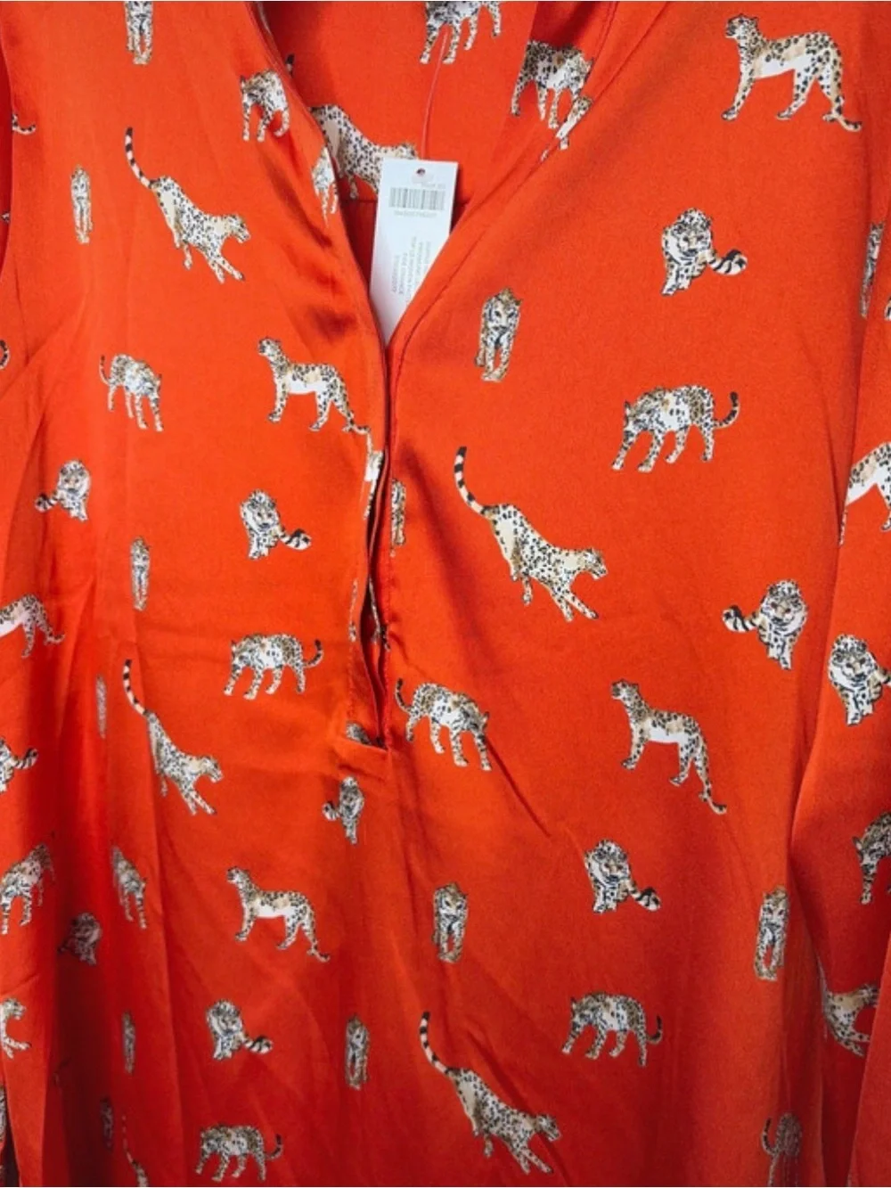 Chico's 1 Size Medium Orange Satin Tiger-Big Cat Print Blouse Top NWT